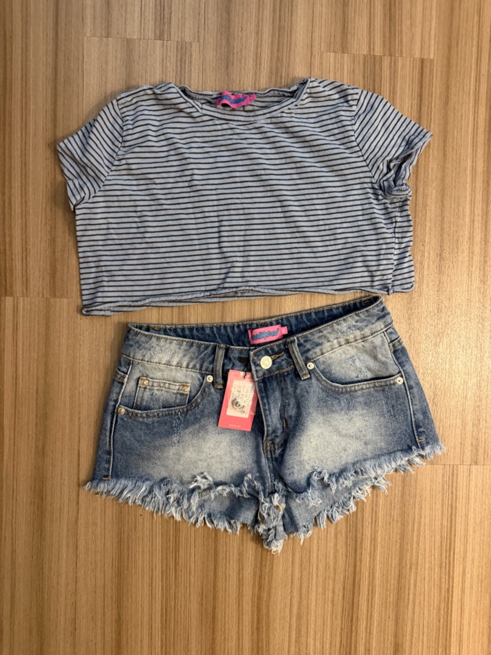 Edikted Blue Washed Denim Shorts with Pink Brand Tag